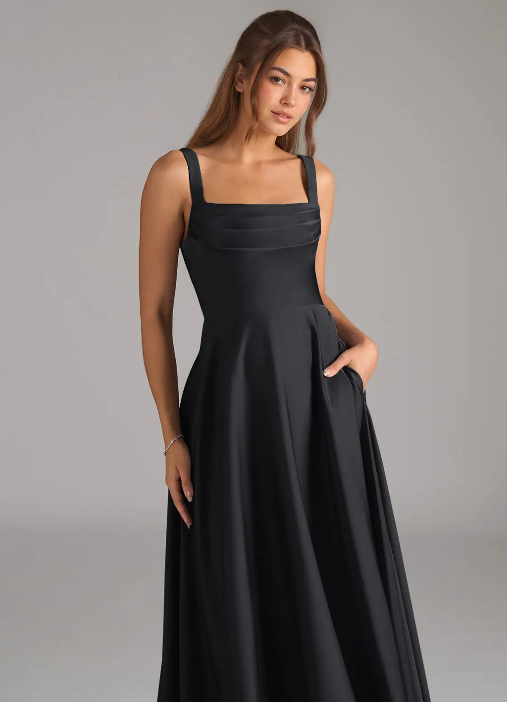 Black Chiffon A-Line Square Neck Floor-Length Bridesmaid Dress