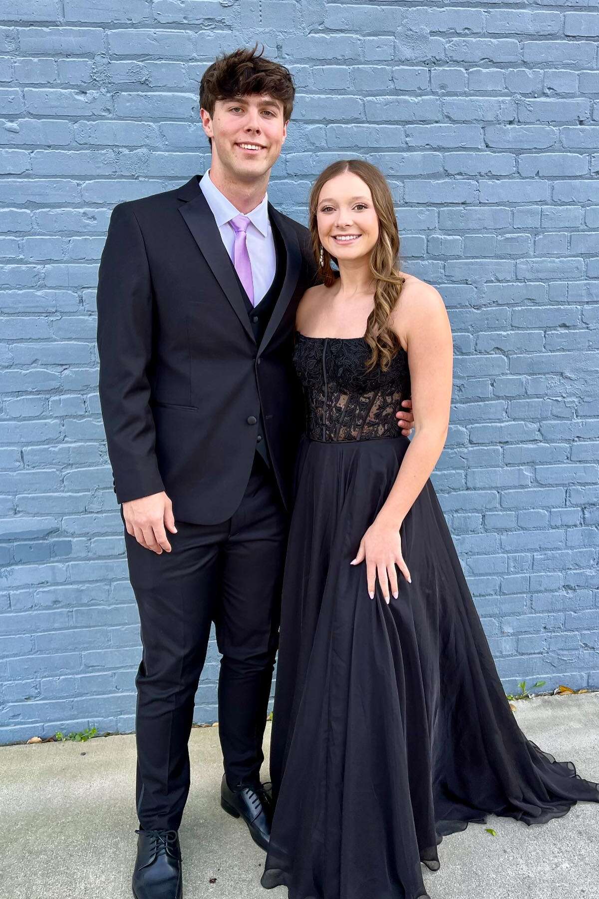 Black Strapless Lace Corset Prom Dress with Chiffon A-Line Skirt & Sweep Train