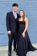 Black Chiffon A-Line Floor-Length Evening Dress with Straight Neck and Lace Corset Bodice