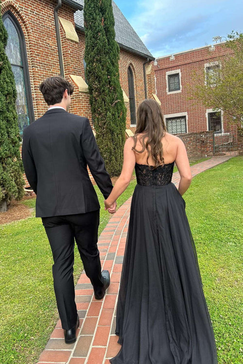 Black Chiffon A-Line Floor-Length Evening Dress with Straight Neck and Lace Corset Bodice