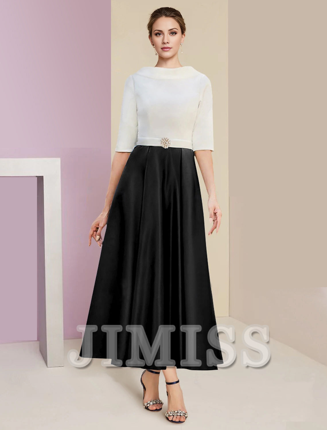 A-Line Mother of the Bride Dress Wedding Guest Elegant Vintage Jewelry Collar Tea Length Charmeuse Satin Half Sleeves with Ruffles Crystals