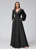 Blushing Pink Chiffon V-Neck A-Line Floor-Length Bridesmaid Dress with Bishop Sleeves