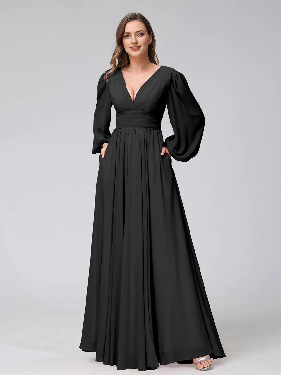 Blushing Pink Chiffon V-Neck A-Line Floor-Length Bridesmaid Dress with Bishop Sleeves