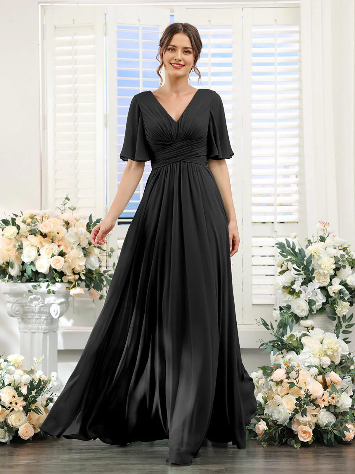 Rust Chiffon A-Line Floor-Length Bridesmaid Dress with Flutter Sleeves
