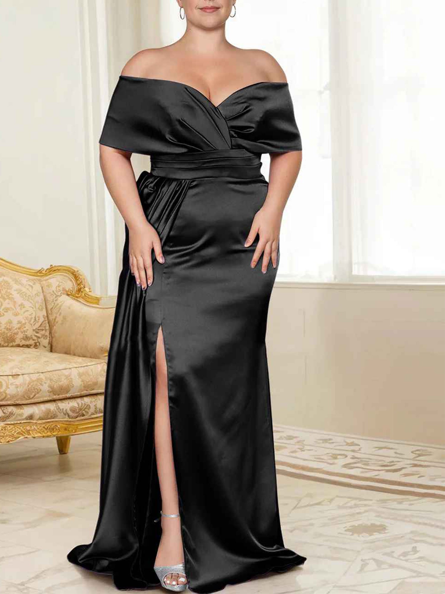 Purple Satin Sheath/column Off-the-Shoulder Floor-Length Evening Dress