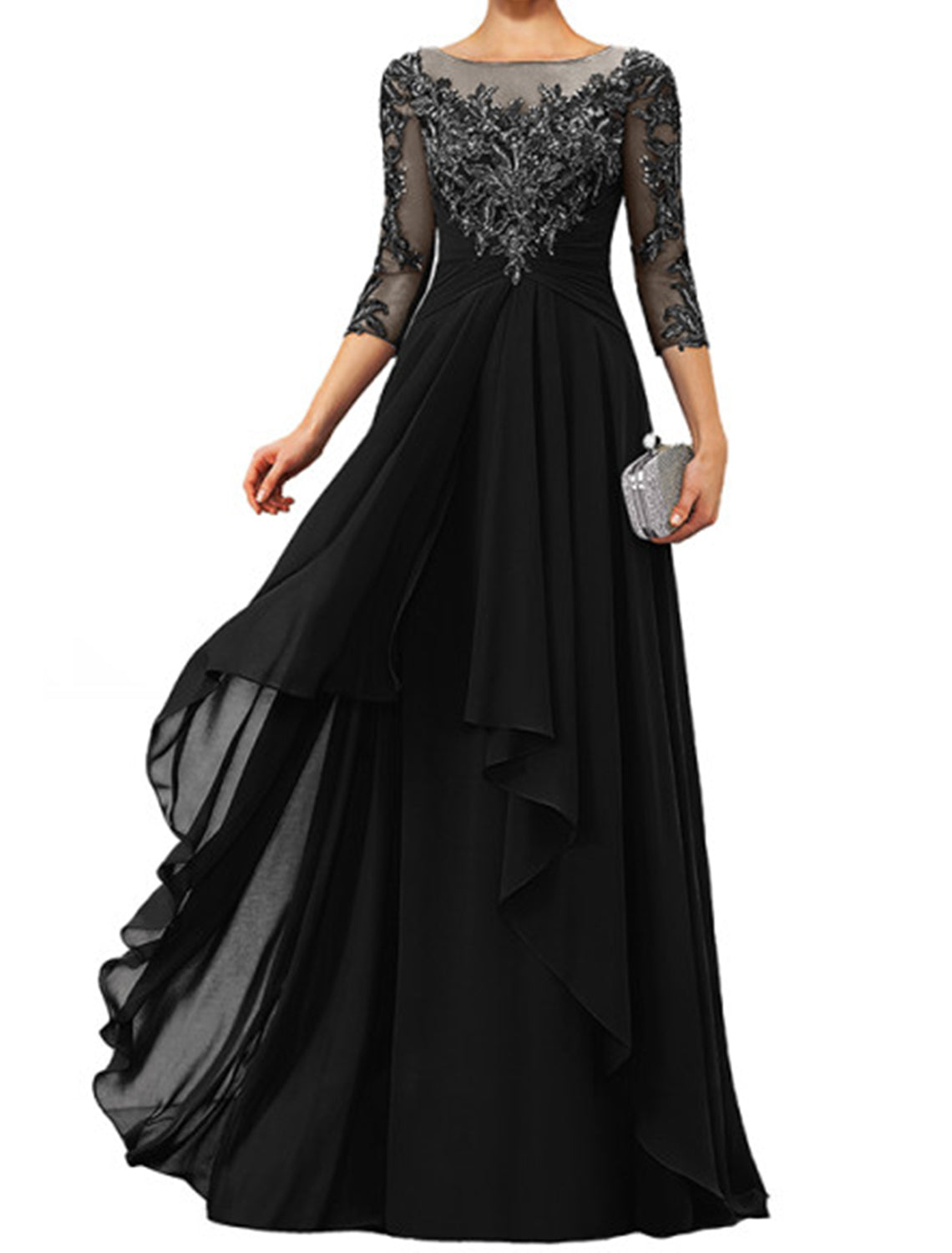Dark Navy Chiffon A-Line Floor-Length Evening Dress - Illusion Neck Lace Appliques