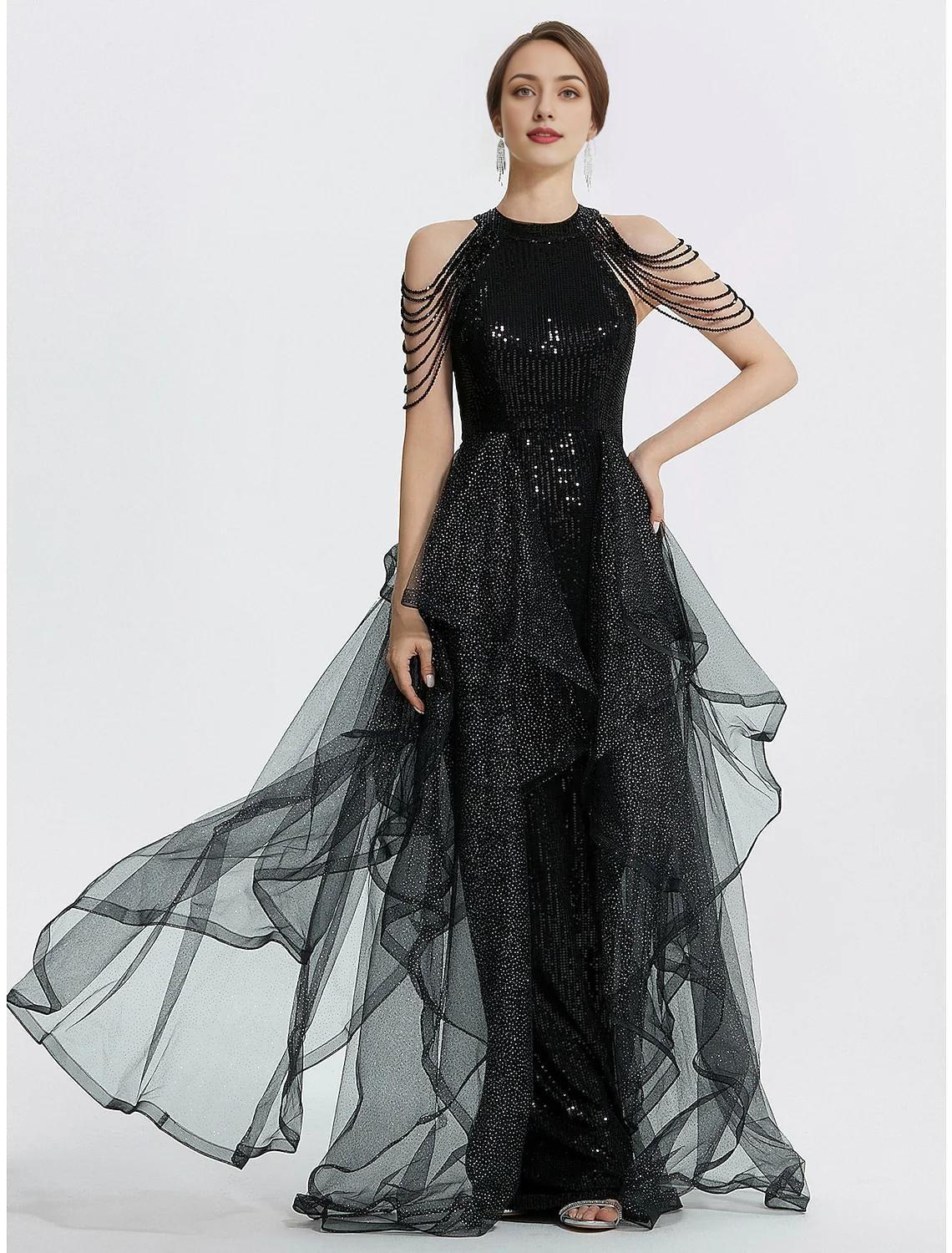 Mermaid Trumpet Prom Dresses Black Dress Dress Quinceanera Floor Length Short Sleeve Jewel Neck Tulle with Beading