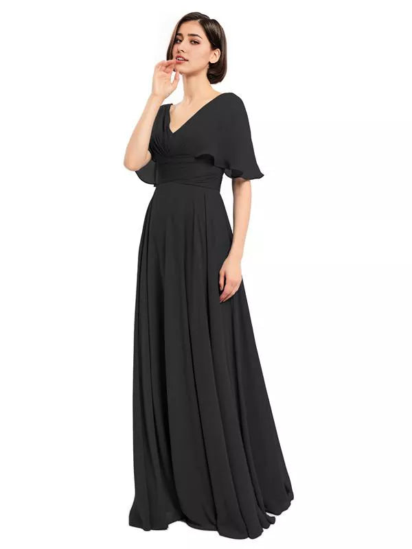 Elegantes vestidos largos de dama de honor de gasa con escote en V y mangas cortas