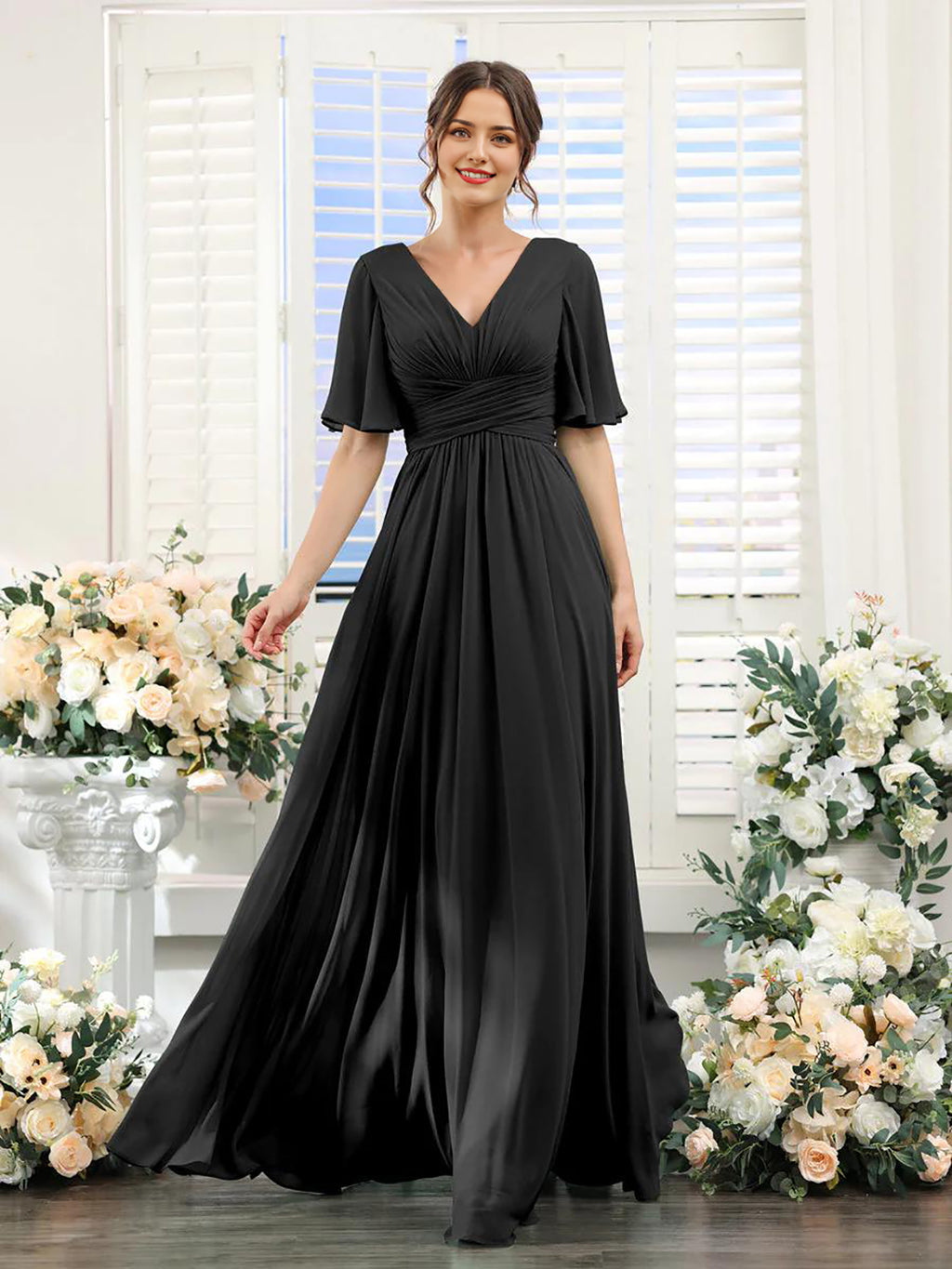 Mint Green Chiffon A-Line Floor-Length Bridesmaid Dress | V-Neck, Ruched Bodice & High Slit