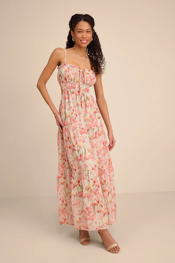 Blossoming Pink Floral Chiffon Tiered Spaghetti Strap Square Neck Open Back Prom Dresses