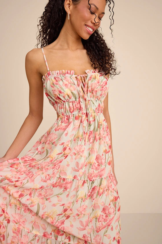 Blossoming Pink Floral Chiffon Tiered Spaghetti Strap Square Neck Open Back Prom Dresses