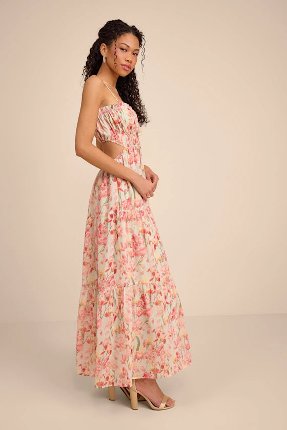 Blossoming Pink Floral Chiffon Tiered Spaghetti Strap Square Neck Open Back Prom Dresses