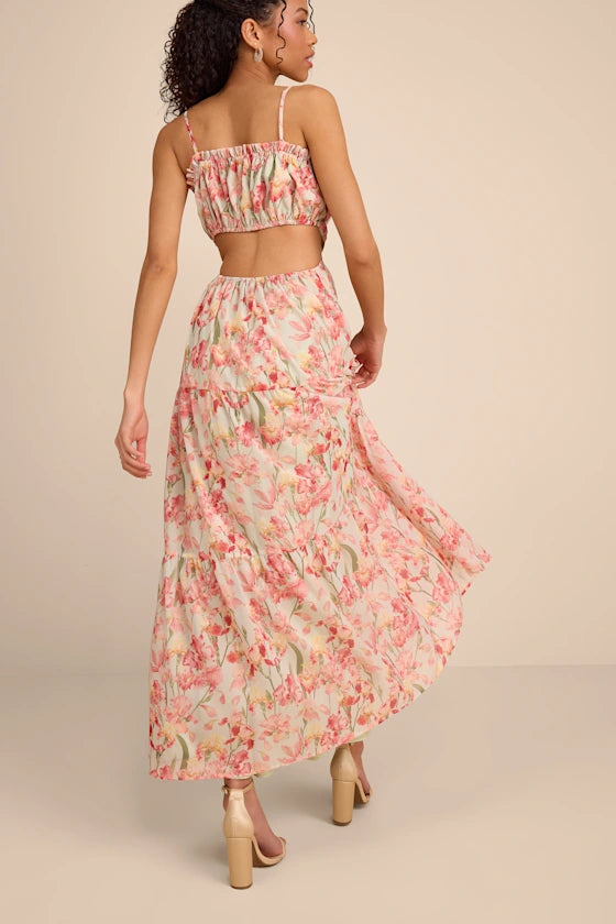 Blossoming Pink Floral Chiffon Tiered Spaghetti Strap Square Neck Open Back Prom Dresses
