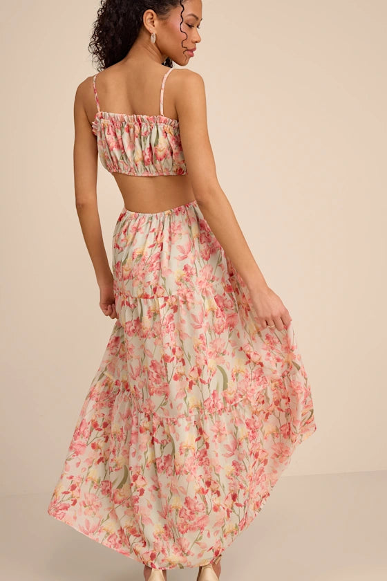Blossoming Pink Floral Chiffon Tiered Spaghetti Strap Square Neck Open Back Prom Dresses
