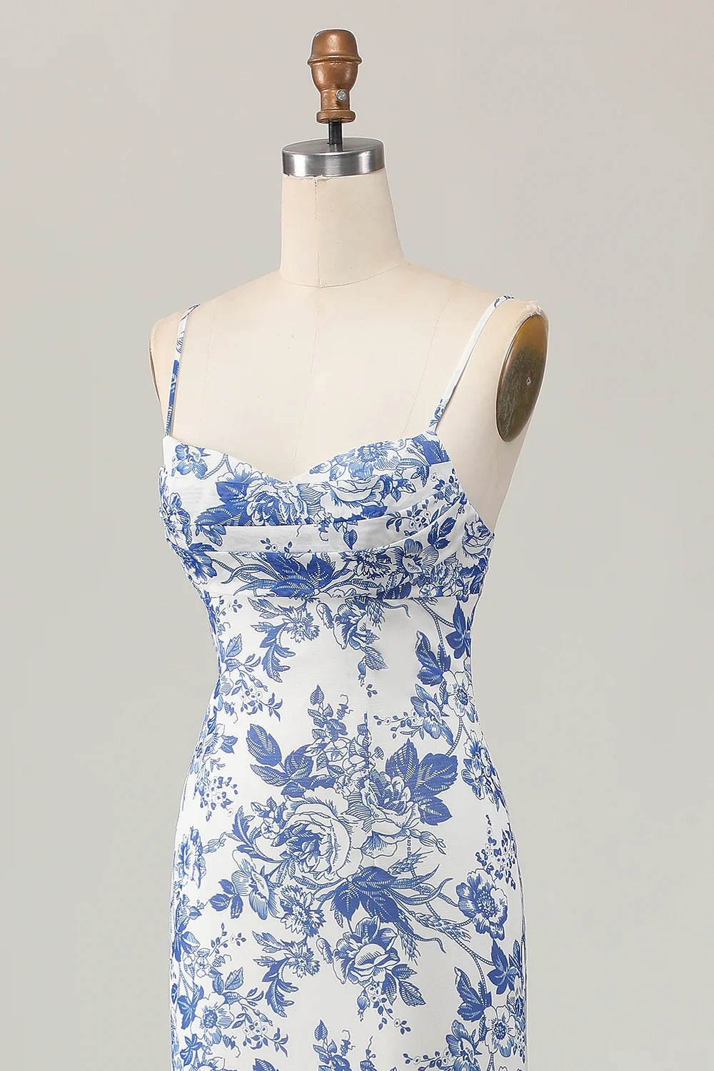 Blue-and-White Floral Toile Spaghetti Strap Maxi Dress
