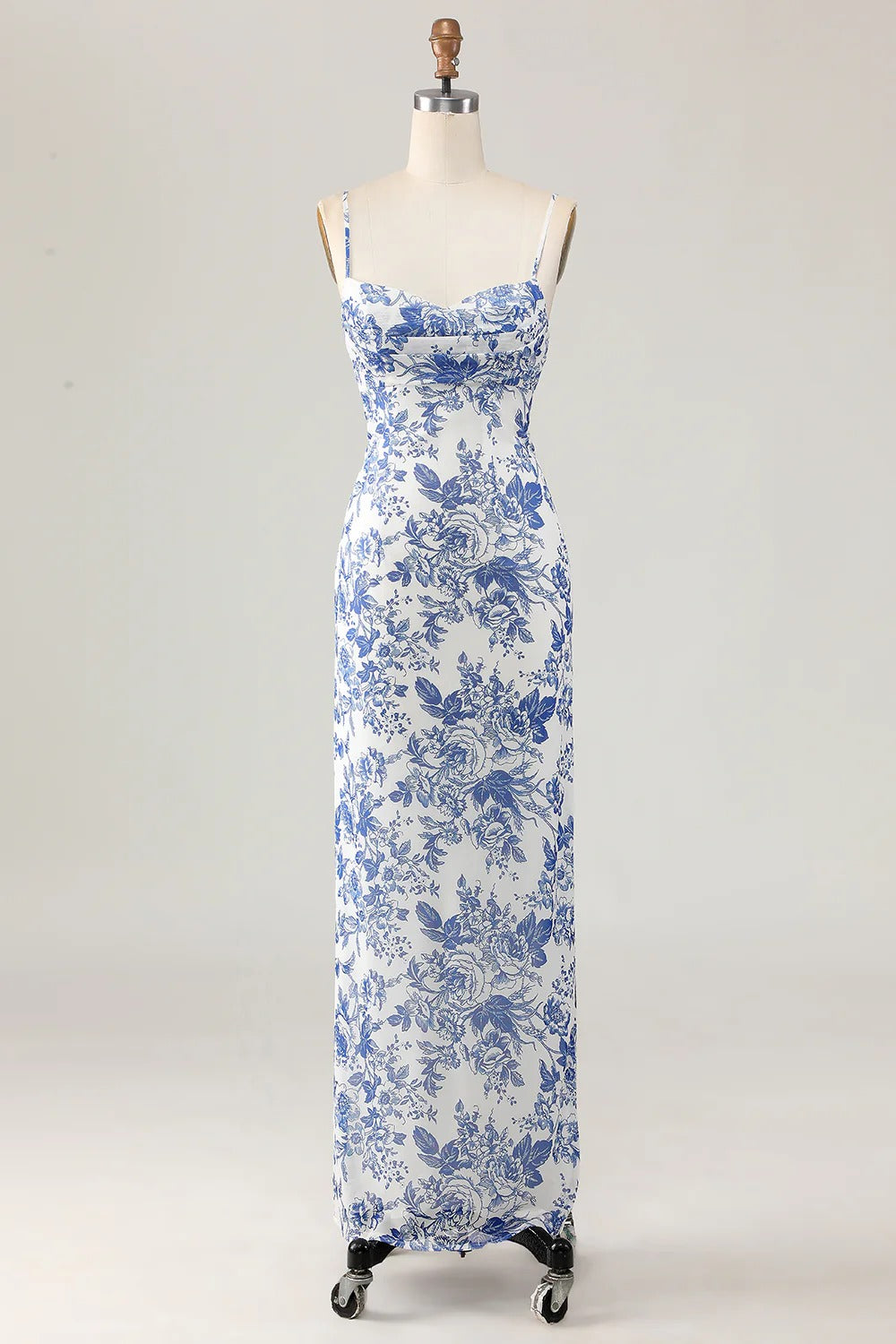 Blue-and-White Floral Toile Spaghetti Strap Maxi Dress