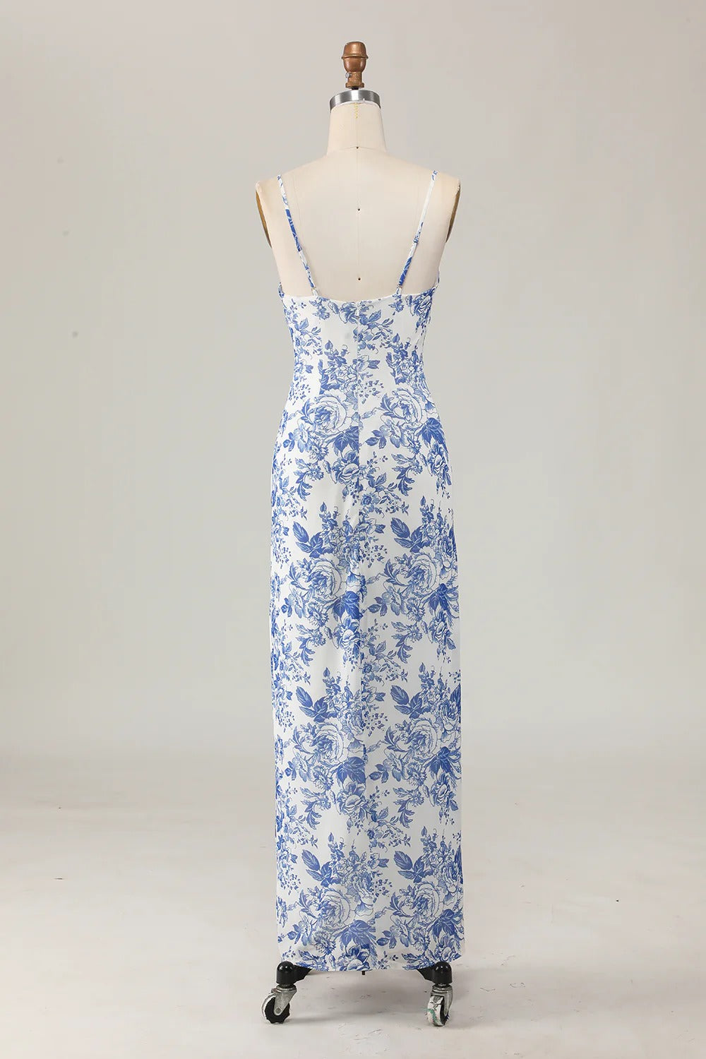 Blue-and-White Floral Toile Spaghetti Strap Maxi Dress
