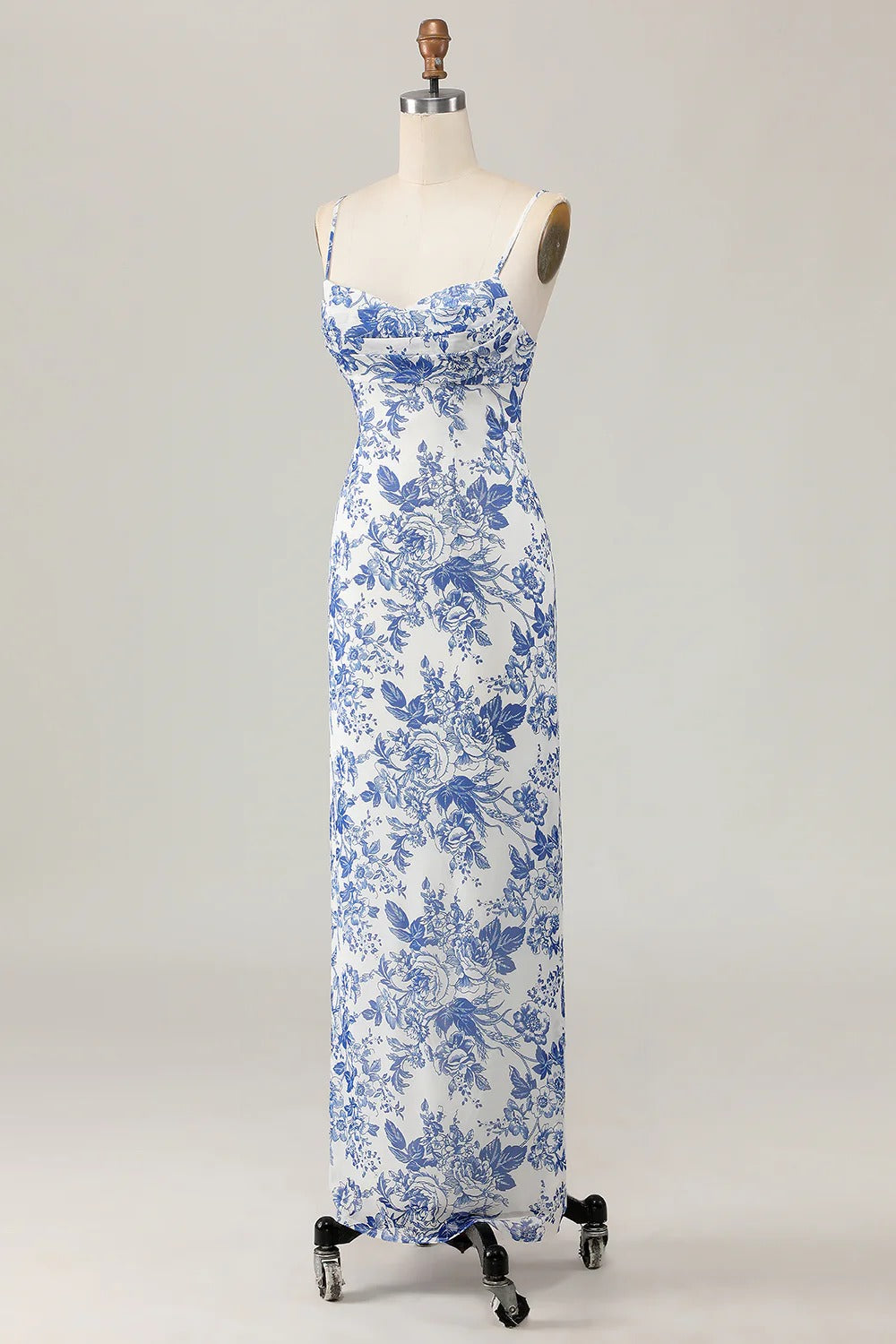 Blue-and-White Floral Toile Spaghetti Strap Maxi Dress