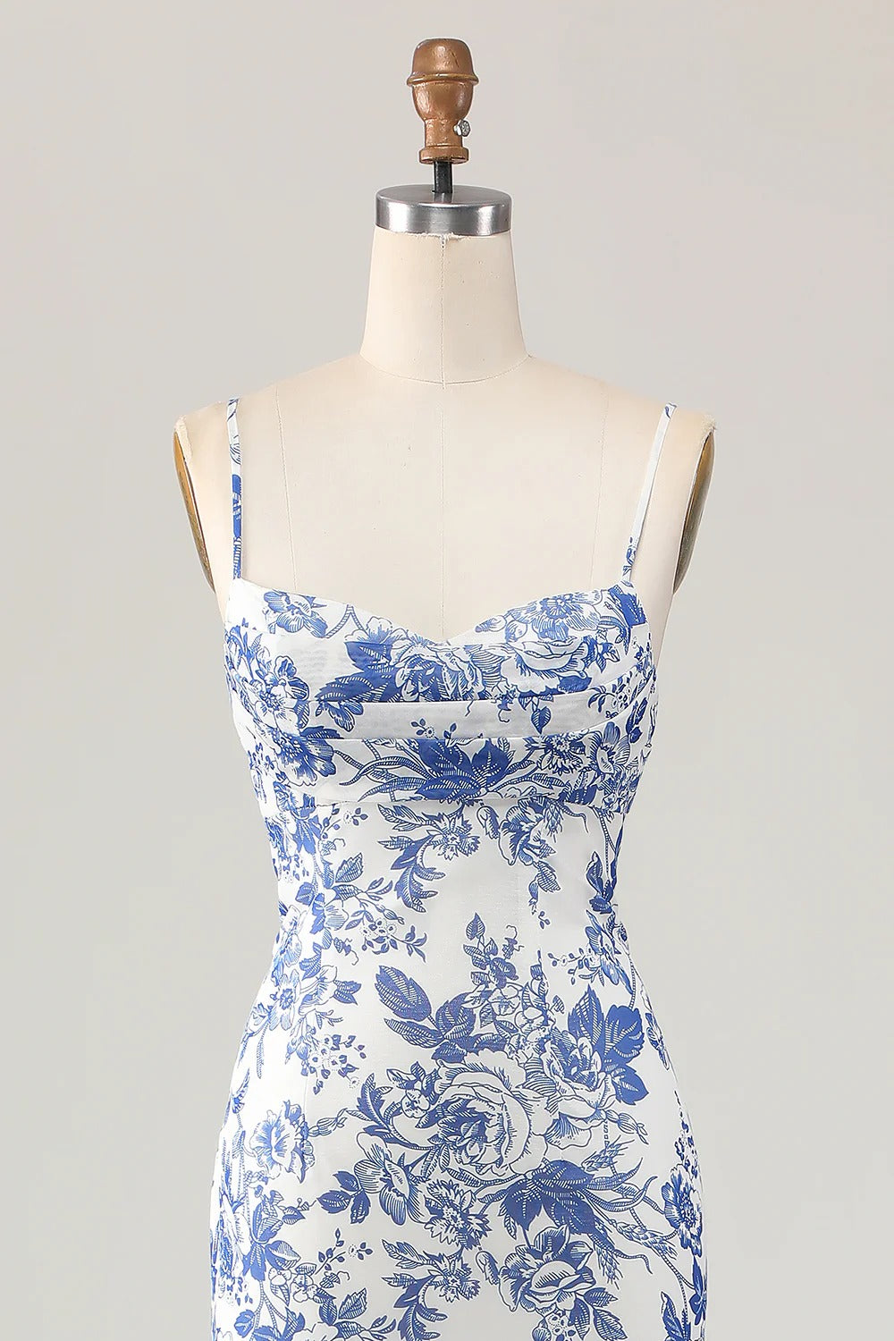 Blue-and-White Floral Toile Spaghetti Strap Maxi Dress
