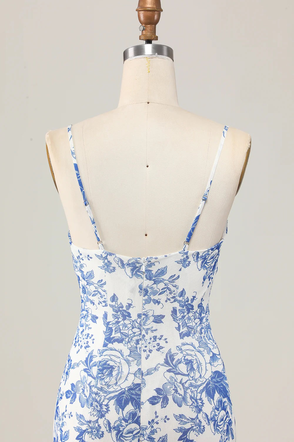 Blue-and-White Floral Toile Spaghetti Strap Maxi Dress