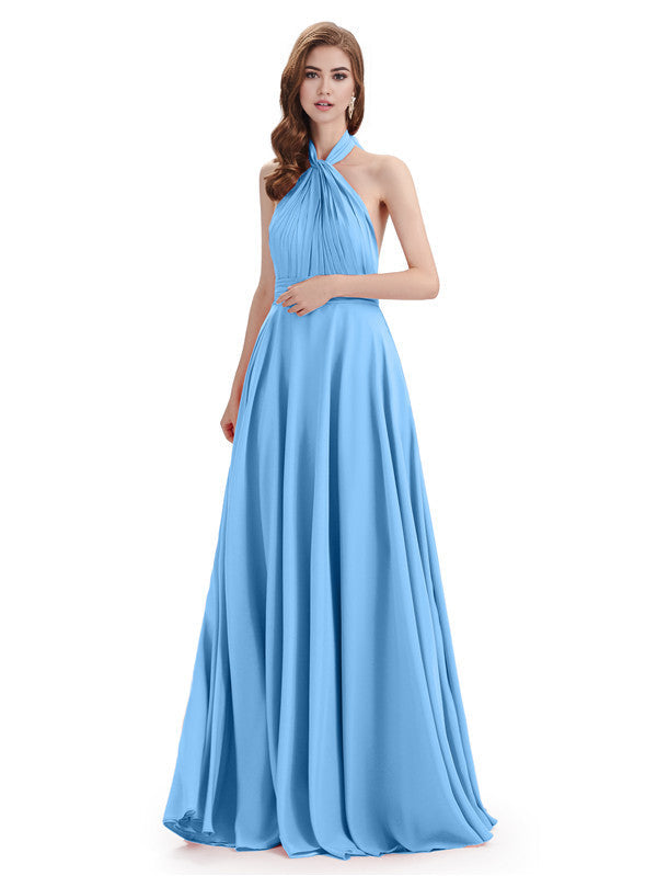 Vestidos de dama de honor sencillos de corte A, cuello alto, halter, sin mangas, plisados, de gasa, hasta el suelo