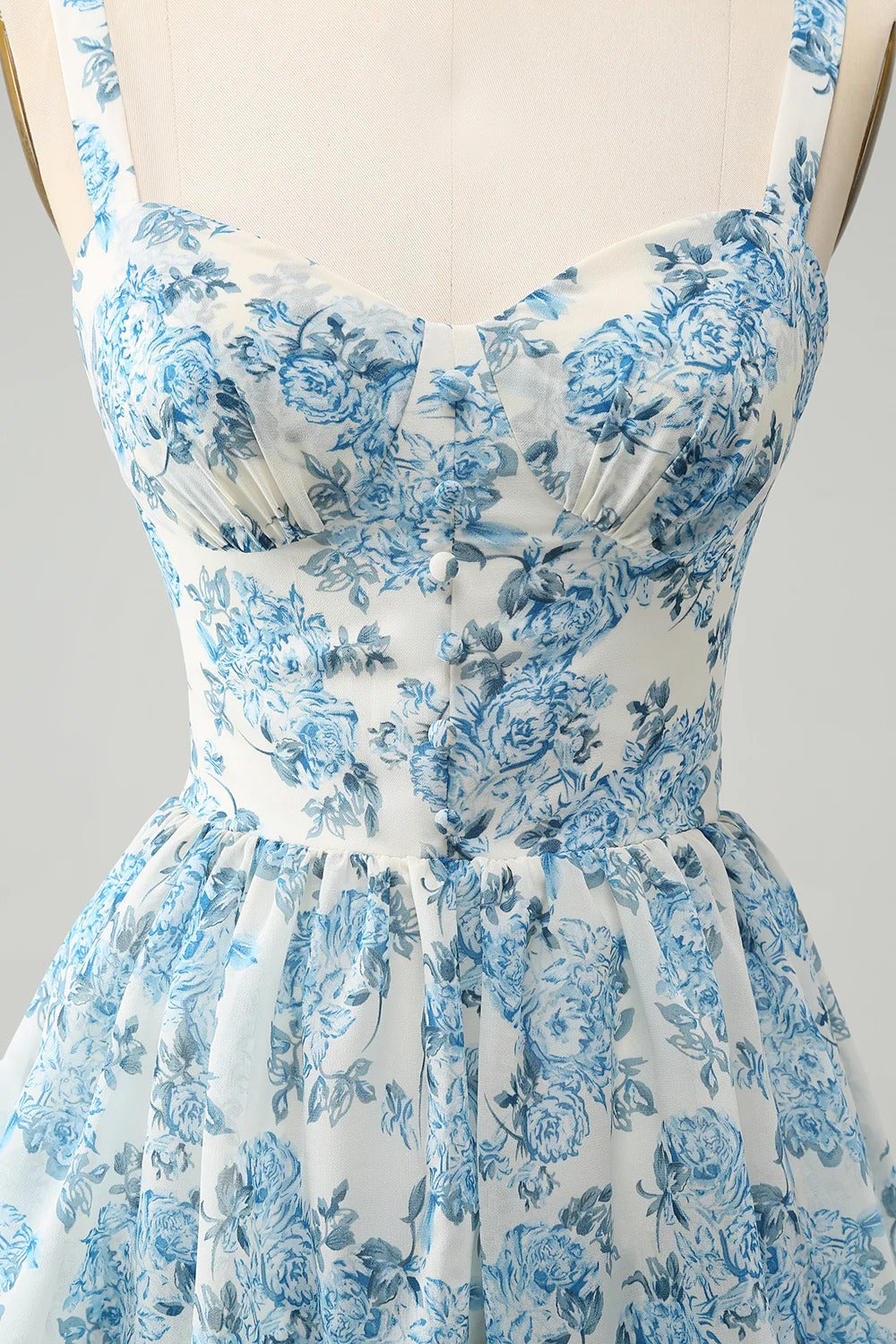 Blue Floral Chiffon Tiered Maxi Dress with Sweetheart Neckline