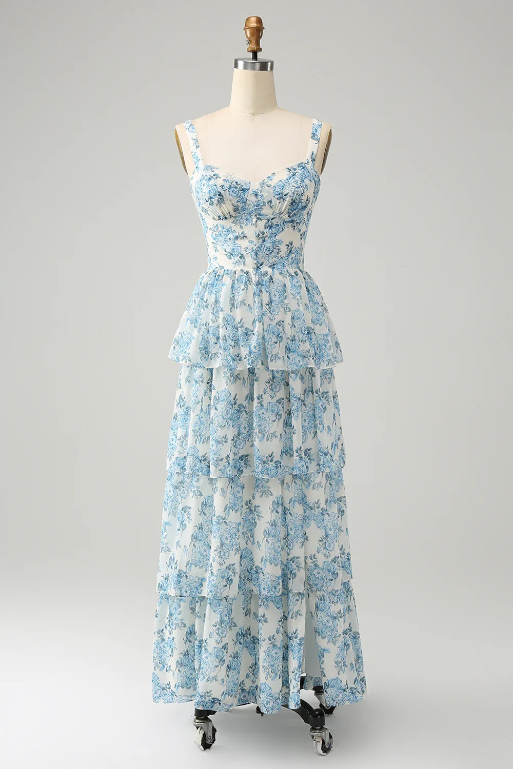Blue Floral Chiffon Tiered Maxi Dress with Sweetheart Neckline