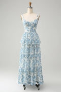Blue Chiffon Tiered Floor-Length Bridesmaid Dress with Sweetheart and Back Zip