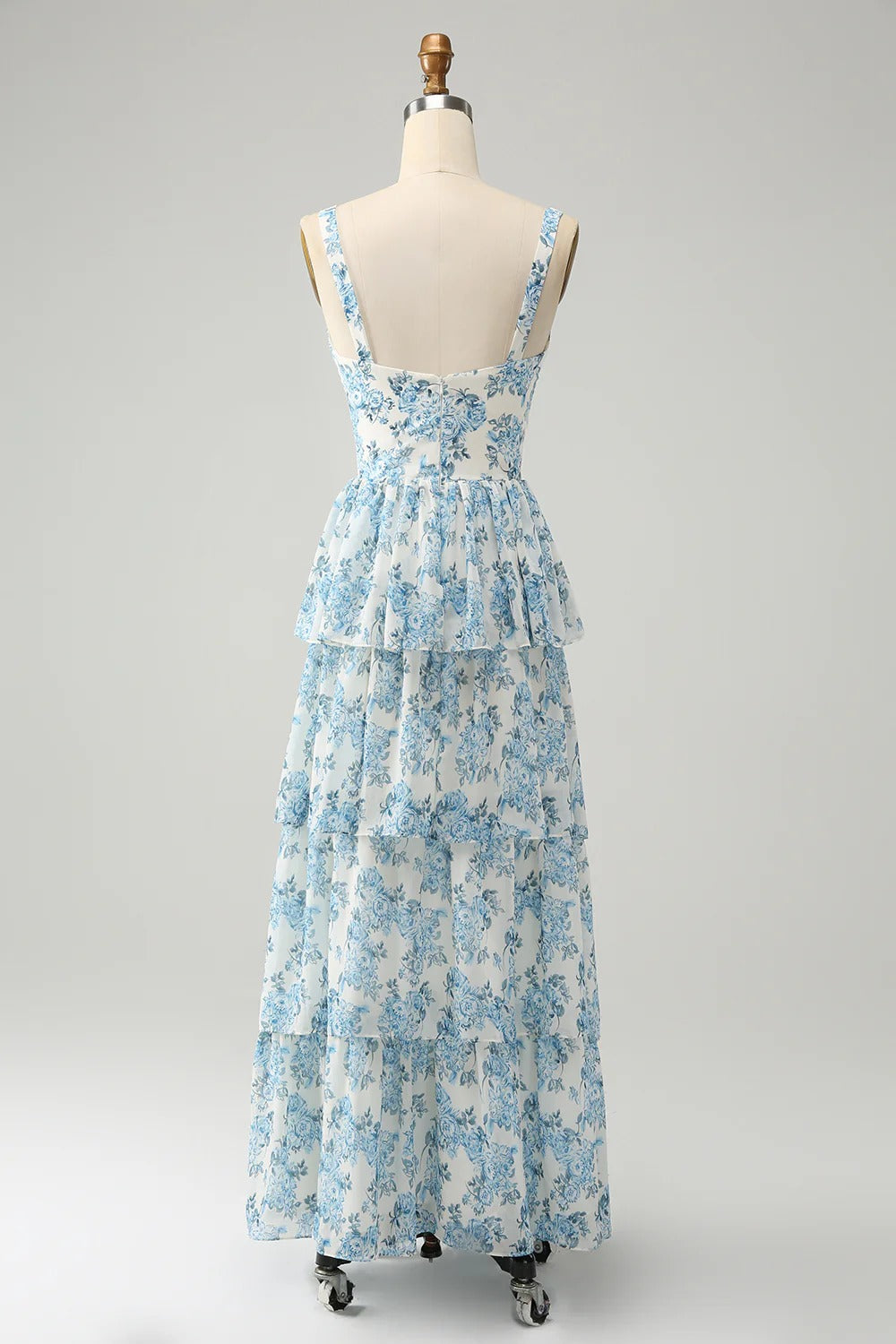 Blue Floral Chiffon Tiered Maxi Dress with Sweetheart Neckline