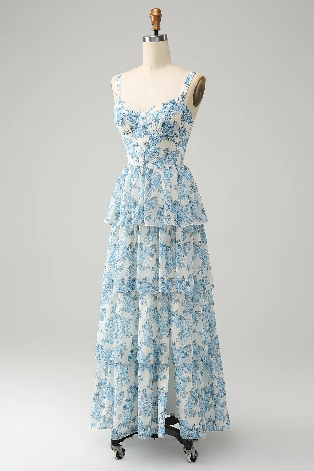 Blue Floral Chiffon Tiered Maxi Dress with Sweetheart Neckline