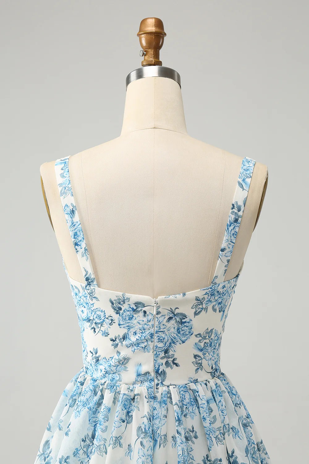 Blue Floral Chiffon Tiered Maxi Dress with Sweetheart Neckline