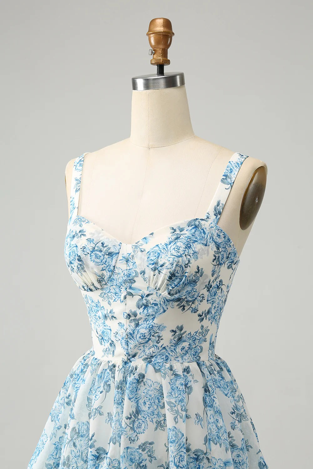 Blue Floral Chiffon Tiered Maxi Dress with Sweetheart Neckline
