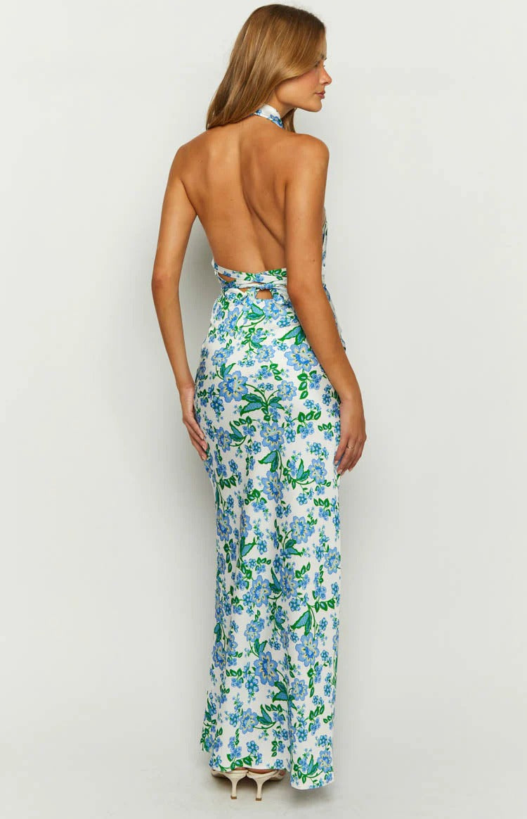 Blue Floral Halter Maxi Dress – Cowl Neck Backless Satin Formal Dress for Summer