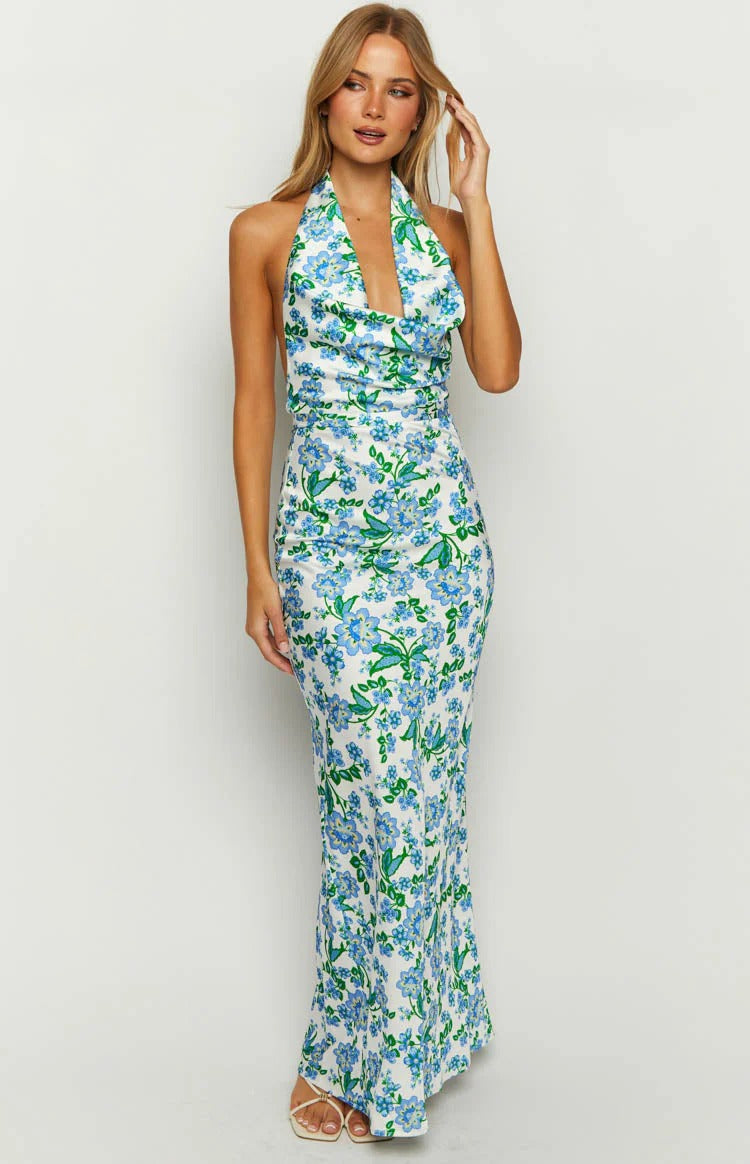 Blue Floral Halter Maxi Dress – Cowl Neck Backless Satin Formal Dress for Summer