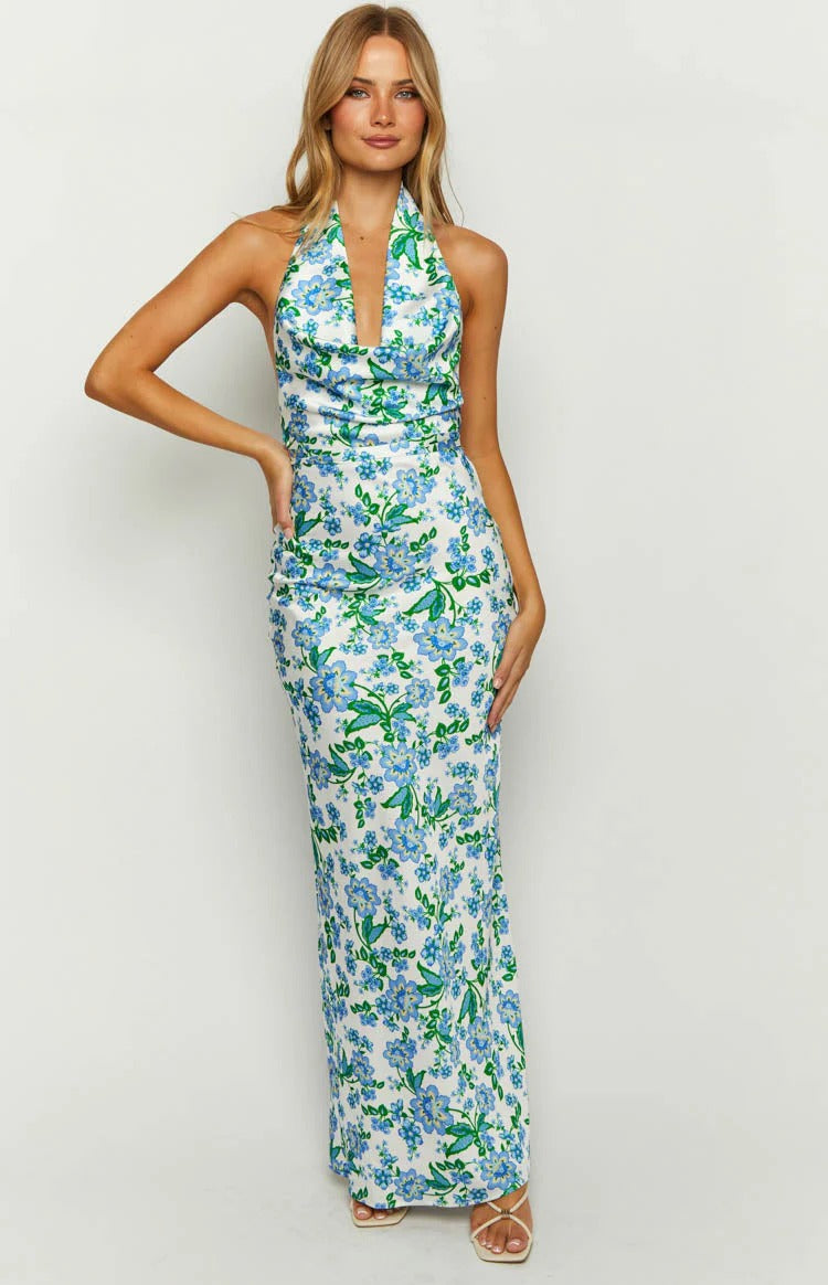 Blue Floral Halter Maxi Dress – Cowl Neck Backless Satin Formal Dress for Summer