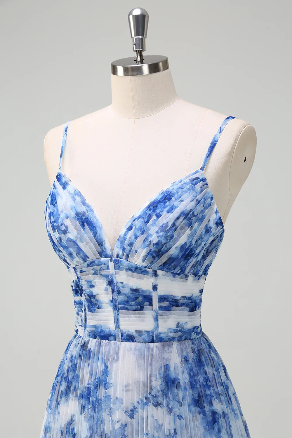 Blue Floral Pleated Tulle Maxi Dress with Corset Bodice