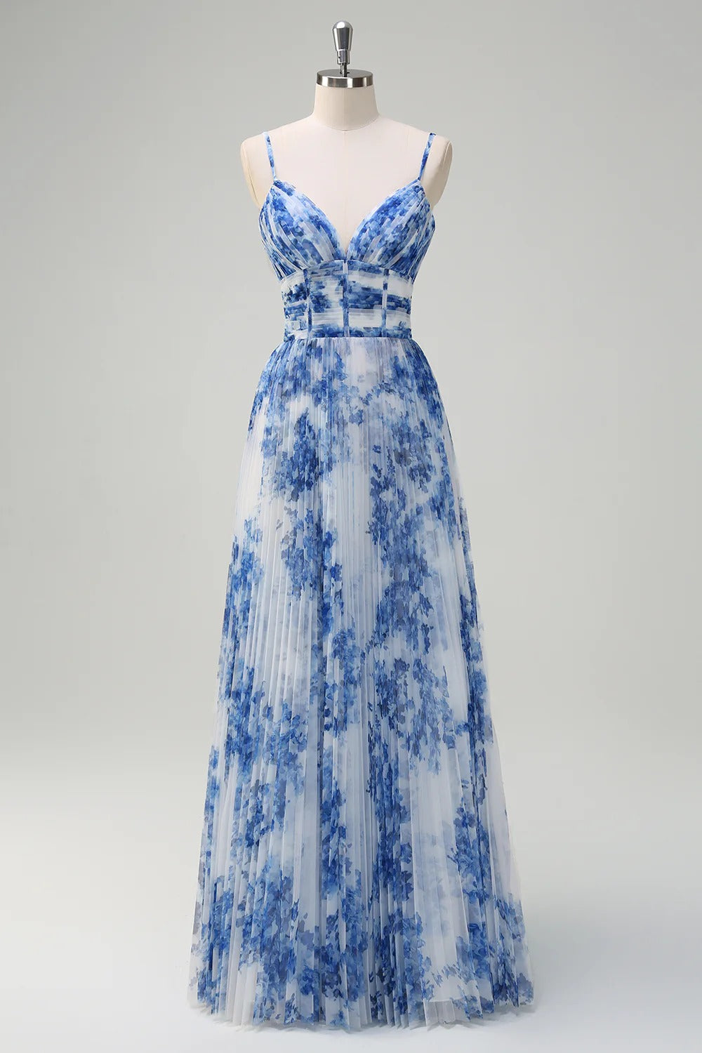 Blue Floral Pleated Tulle Maxi Dress with Corset Bodice