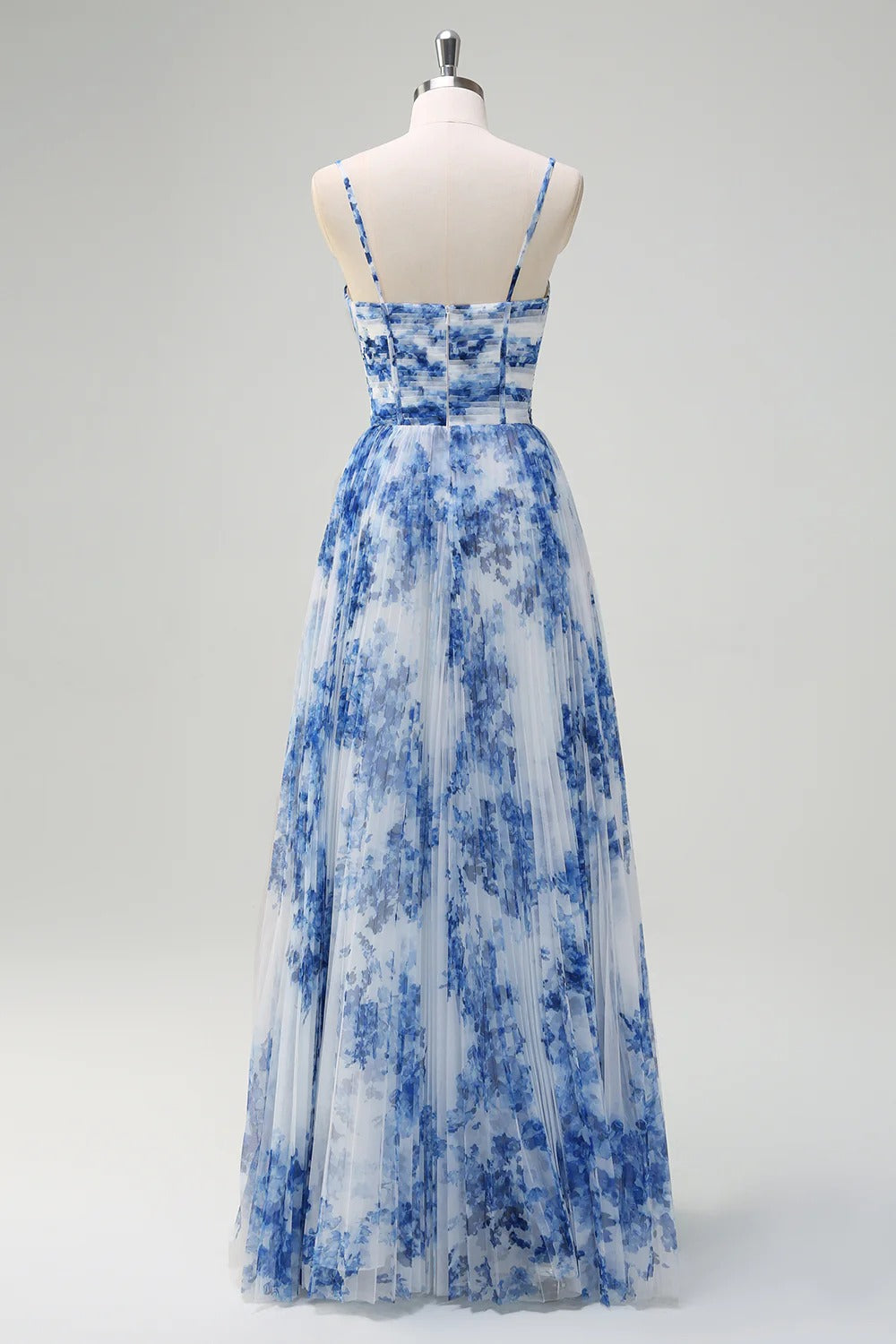Blue Floral Pleated Tulle Maxi Dress with Corset Bodice