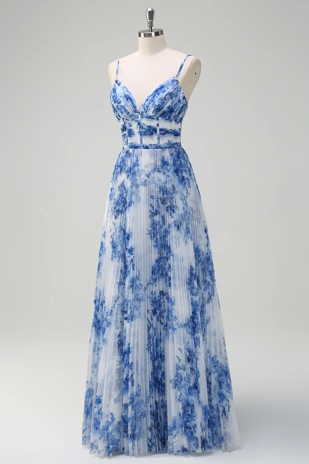 Blue Floral Pleated Tulle Maxi Dress with Corset Bodice