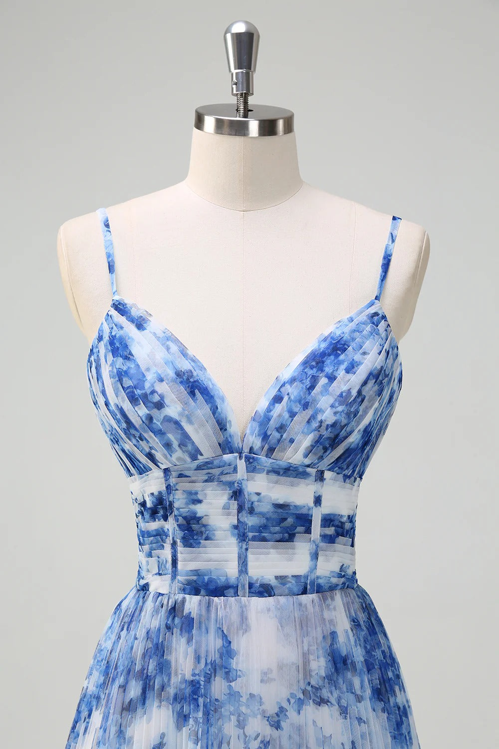 Blue Floral Pleated Tulle Maxi Dress with Corset Bodice
