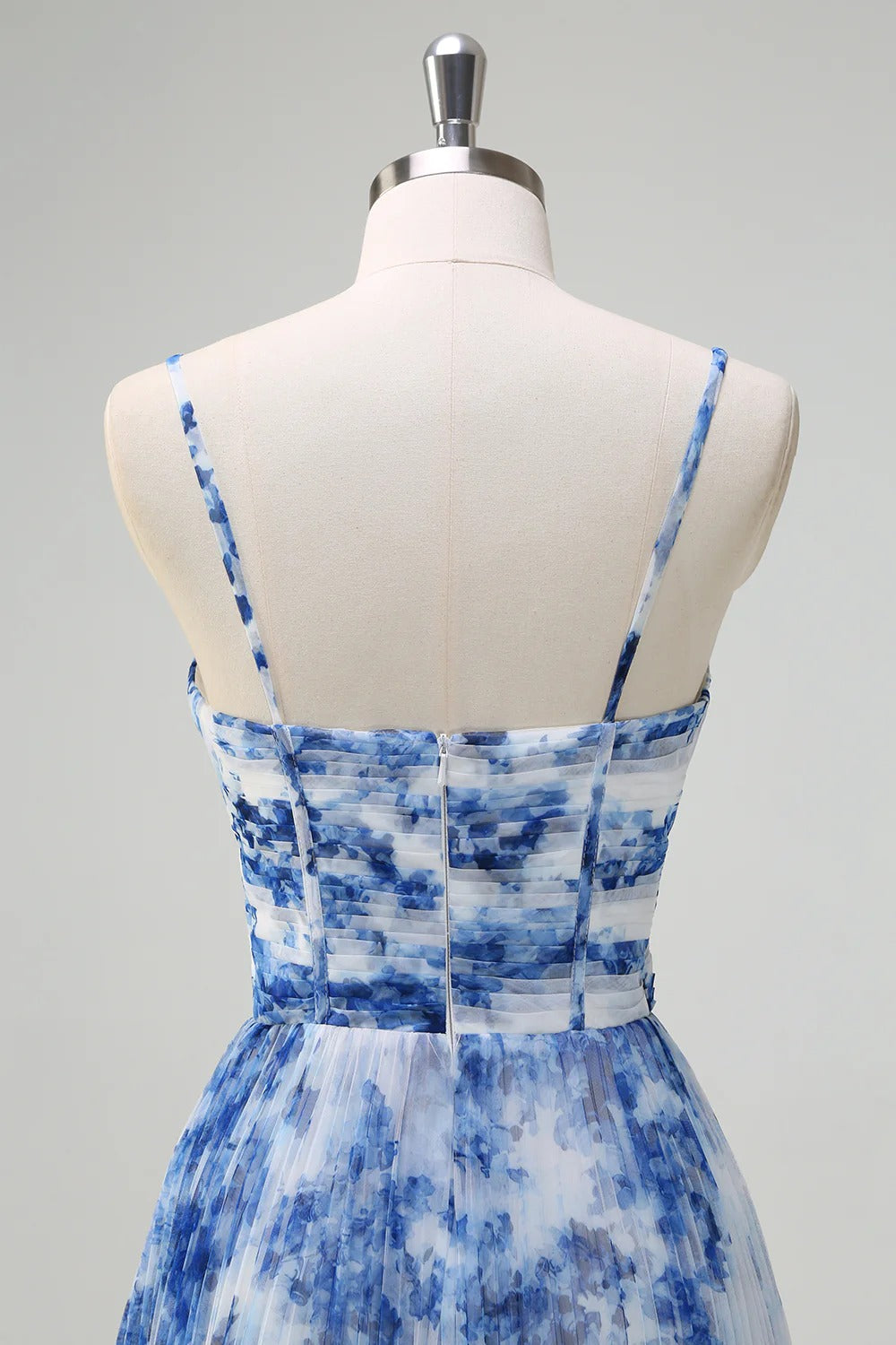 Blue Floral Pleated Tulle Maxi Dress with Corset Bodice