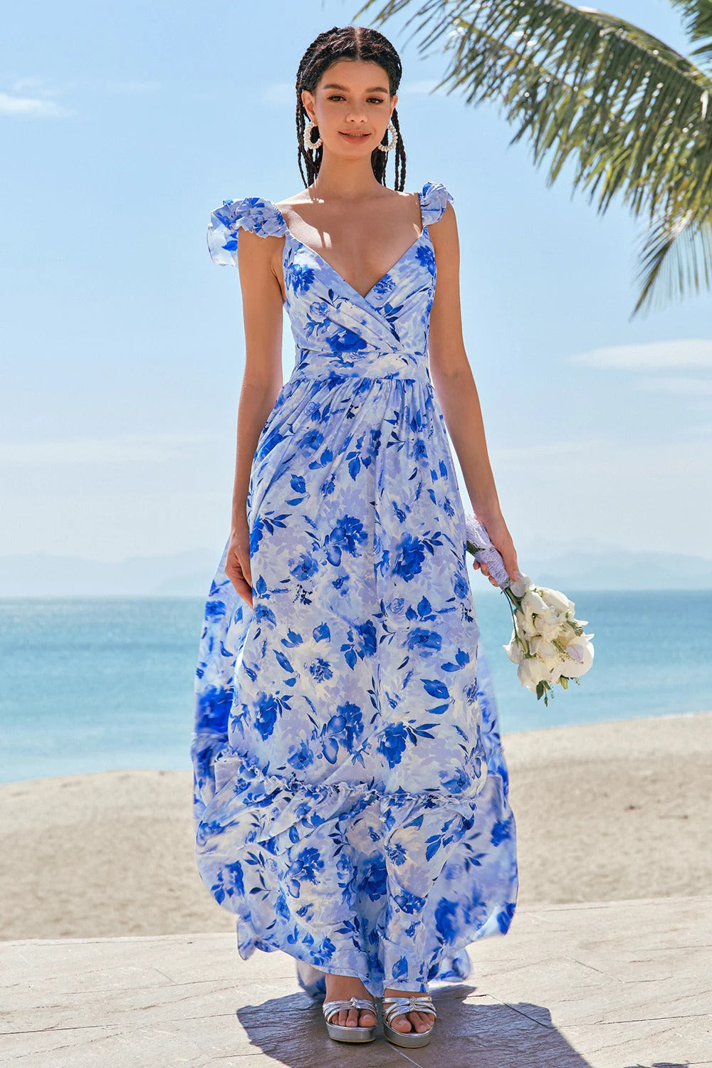 Blue Floral Ruffled Cap Sleeve Maxi Dress with Tiered Skirt
