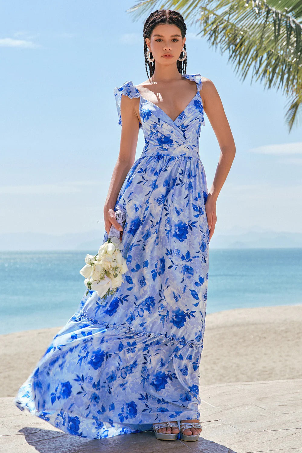 Blue Floral Ruffled Cap Sleeve Maxi Dress with Tiered Skirt