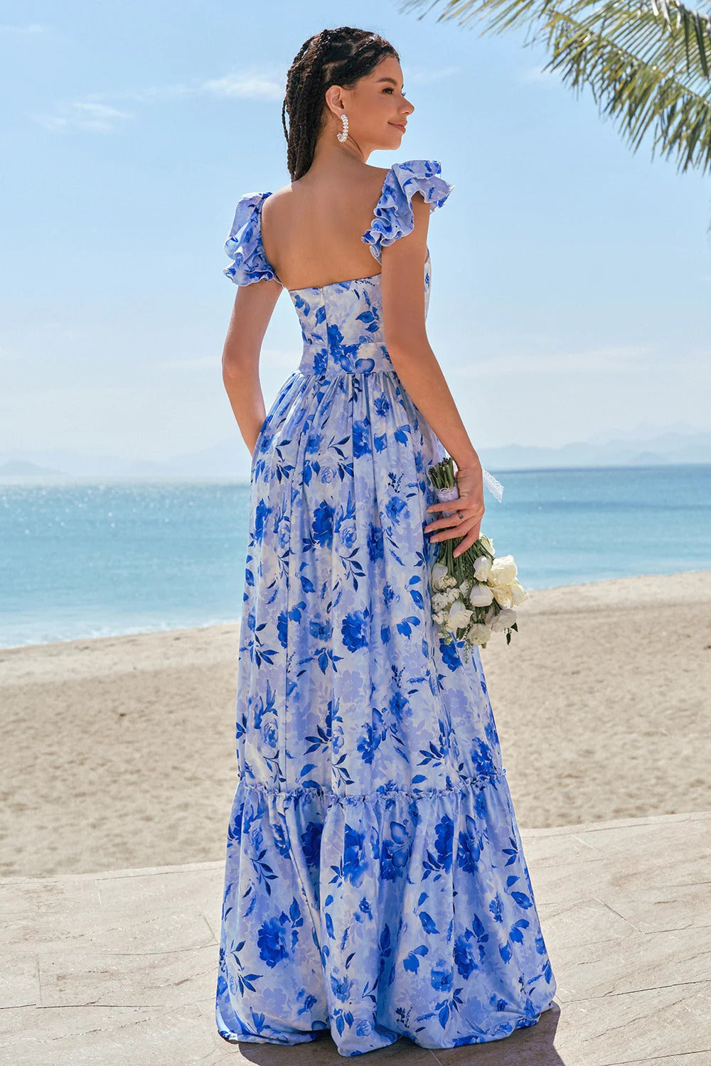 Blue Floral Ruffled Cap Sleeve Maxi Dress with Tiered Skirt