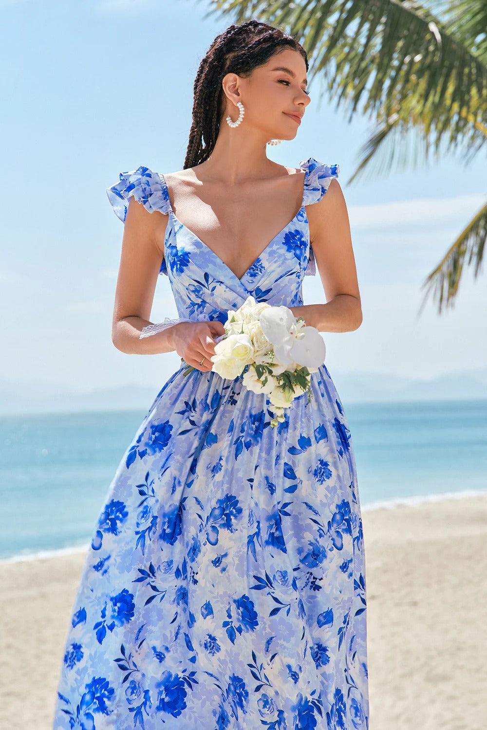 Blue Floral Ruffled Cap Sleeve Maxi Dress with Tiered Skirt