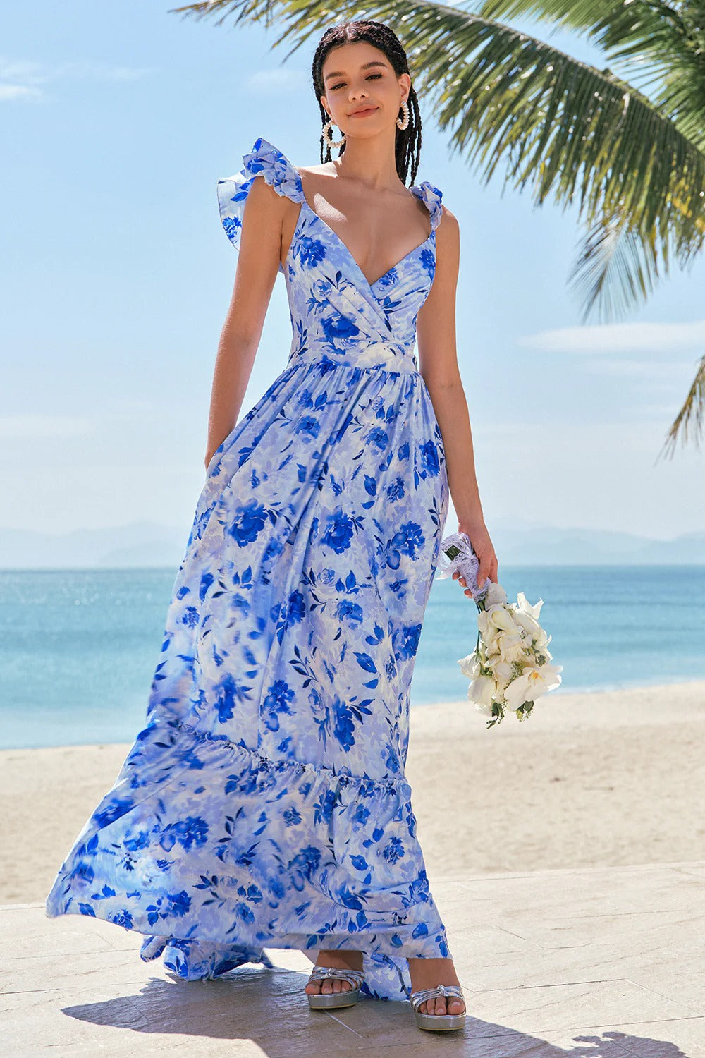 Blue Floral Ruffled Cap Sleeve Maxi Dress with Tiered Skirt