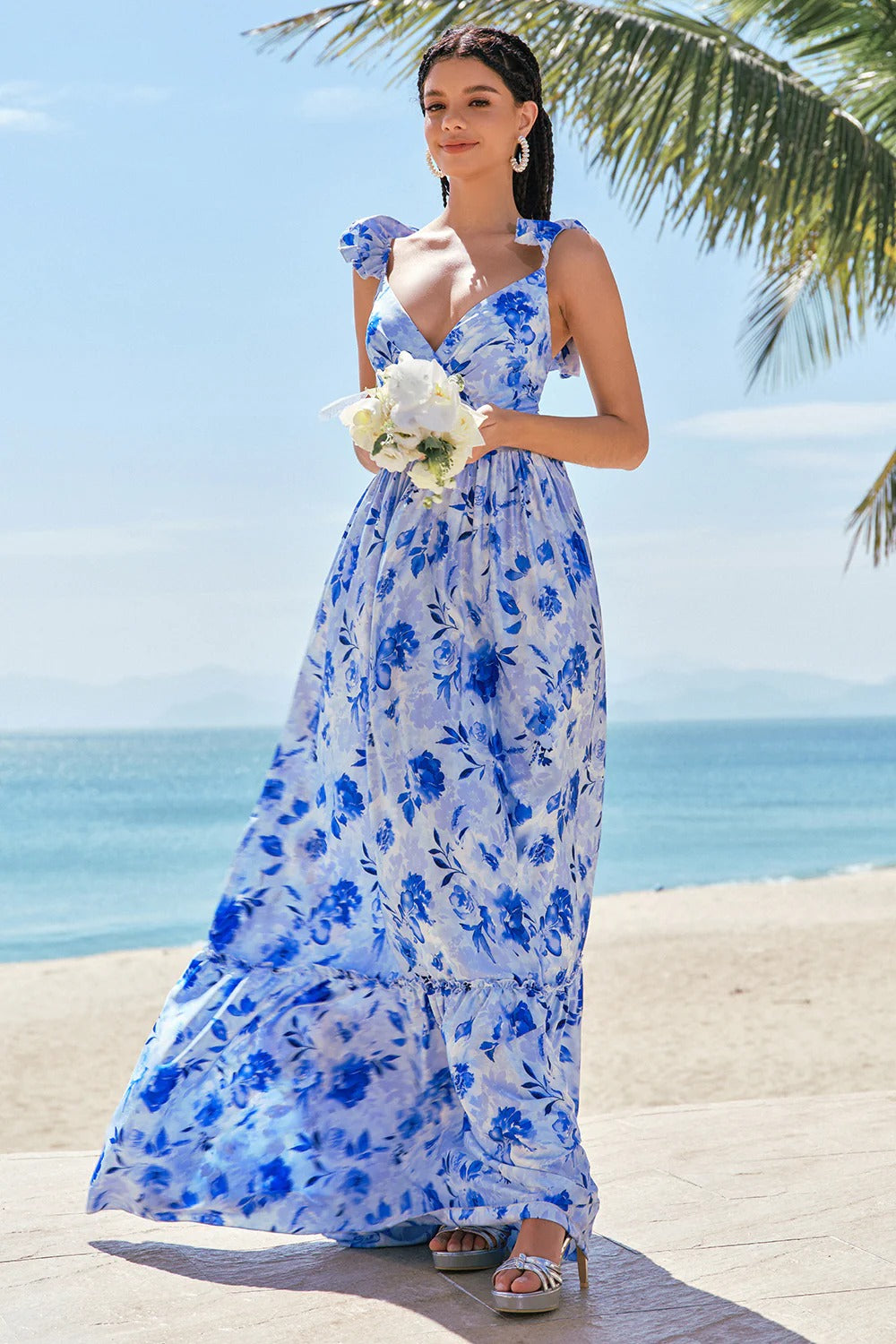 Blue Floral Ruffled Cap Sleeve Maxi Dress with Tiered Skirt