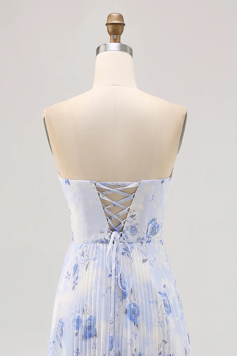 Blue Floral Strapless Pleated Chiffon Maxi Dress with Lace-Up Back
