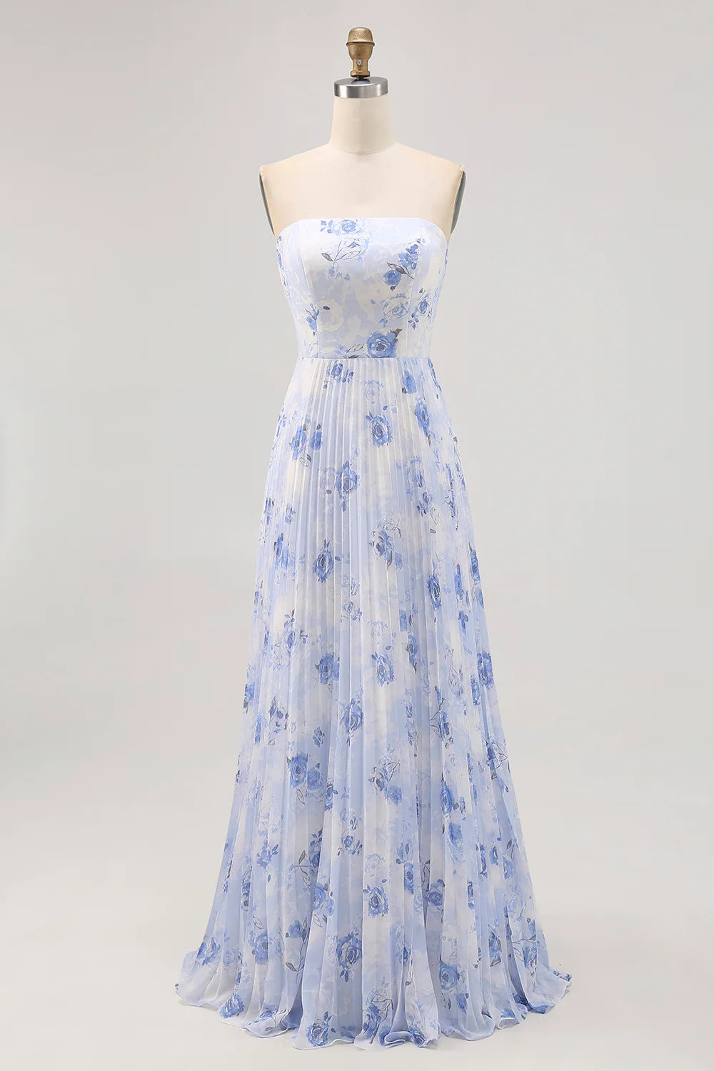 Blue Floral Strapless Pleated Chiffon Maxi Dress with Lace-Up Back
