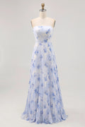 Blue Pleated Floral A-Line Floor-Length Bridesmaid Dress